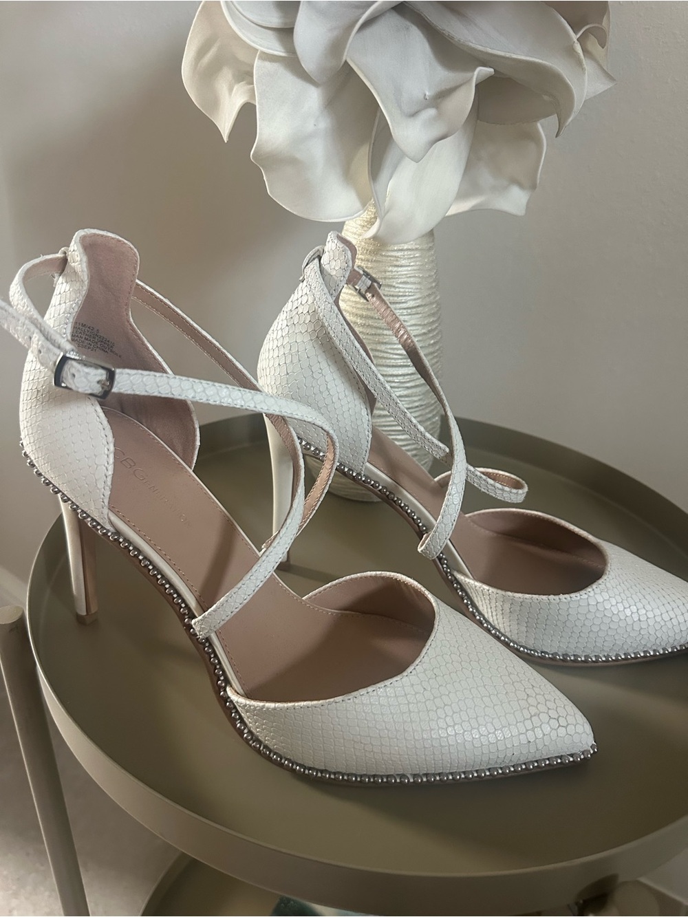 BCBGeneration Ivory Crisscross Pointed-Toe Heels with Crystal Trim